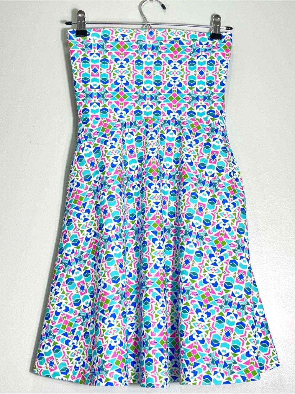 JEAN G. DESIGN Strapless Dress Colorful Geometric Print Pink Blue Green Size XS